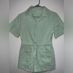 Mint Green Zara  Denim Jumpsuit Romper Shorts